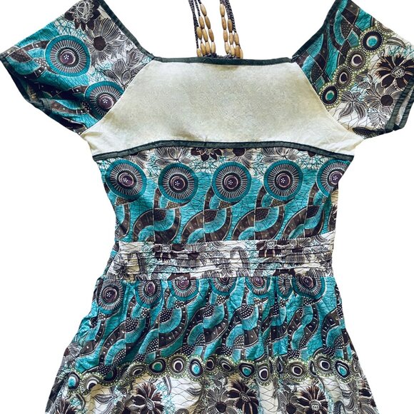 Vintage White, Black, Turquoise + Gold Sparkle Boho Dress Cottagecore Whimsy - Picture 11 of 12